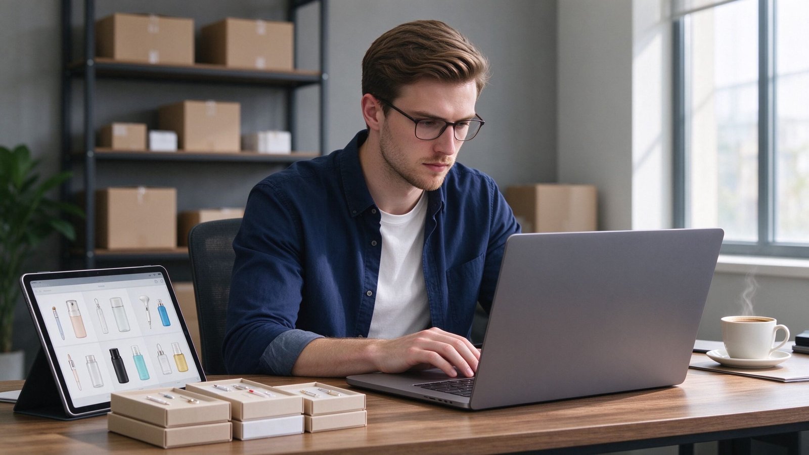Buyer sourcing products on 1688.com wholesale platform at his desk