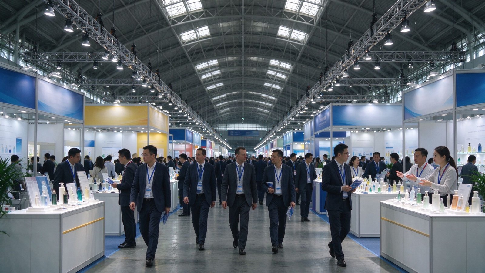 Busy aisle inside the Canton Fair trade show hall in Guangzhou with rows of booths and buyers