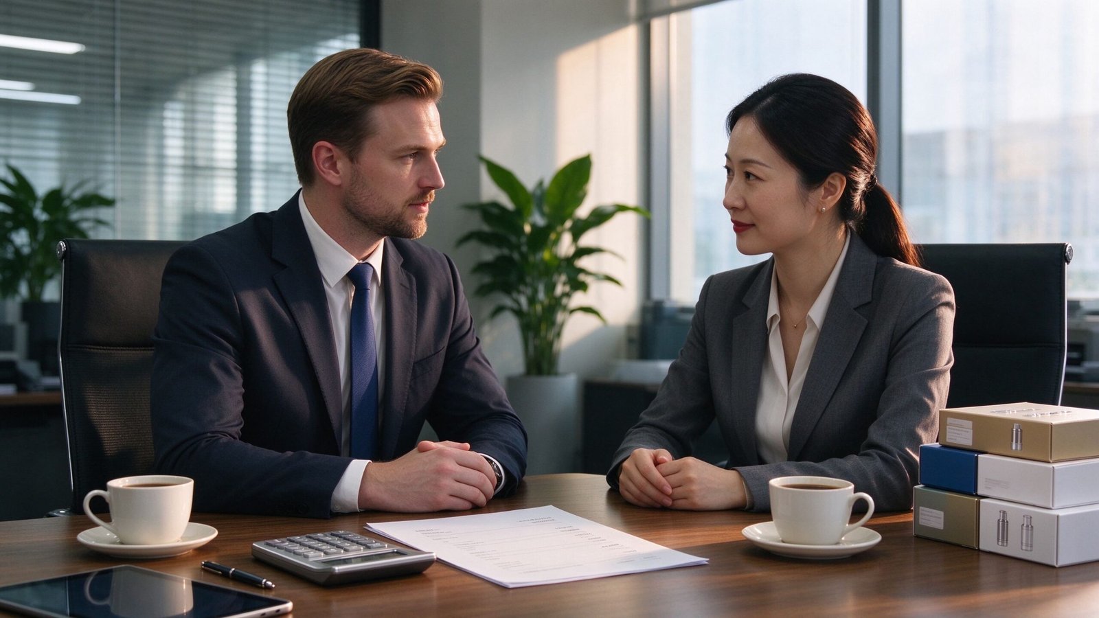 Buyer and Chinese supplier reviewing a printed quotation on a table with a calculator and samples