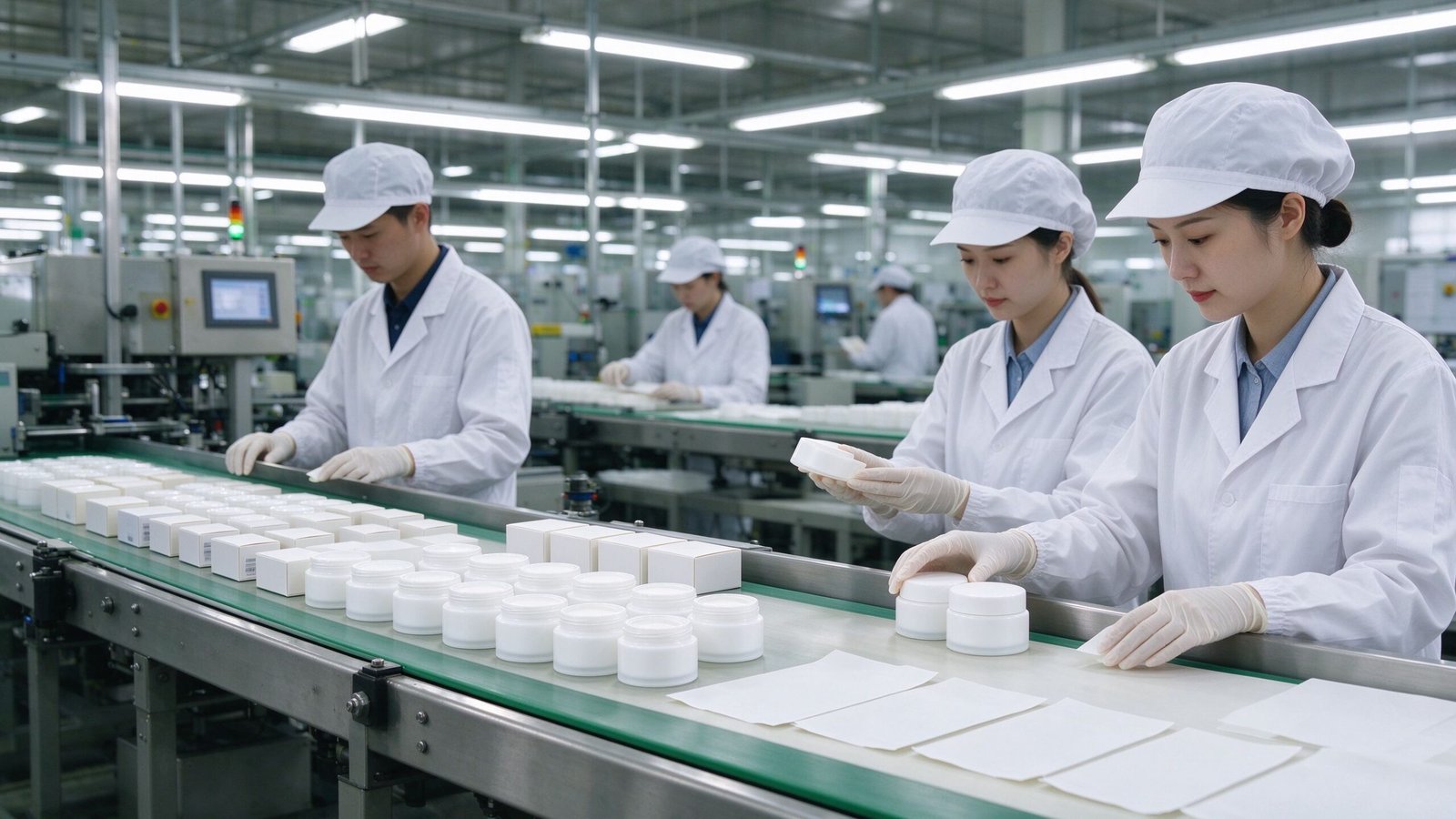 Clean Chinese factory production line with blank white cosmetic jars ready for private label branding