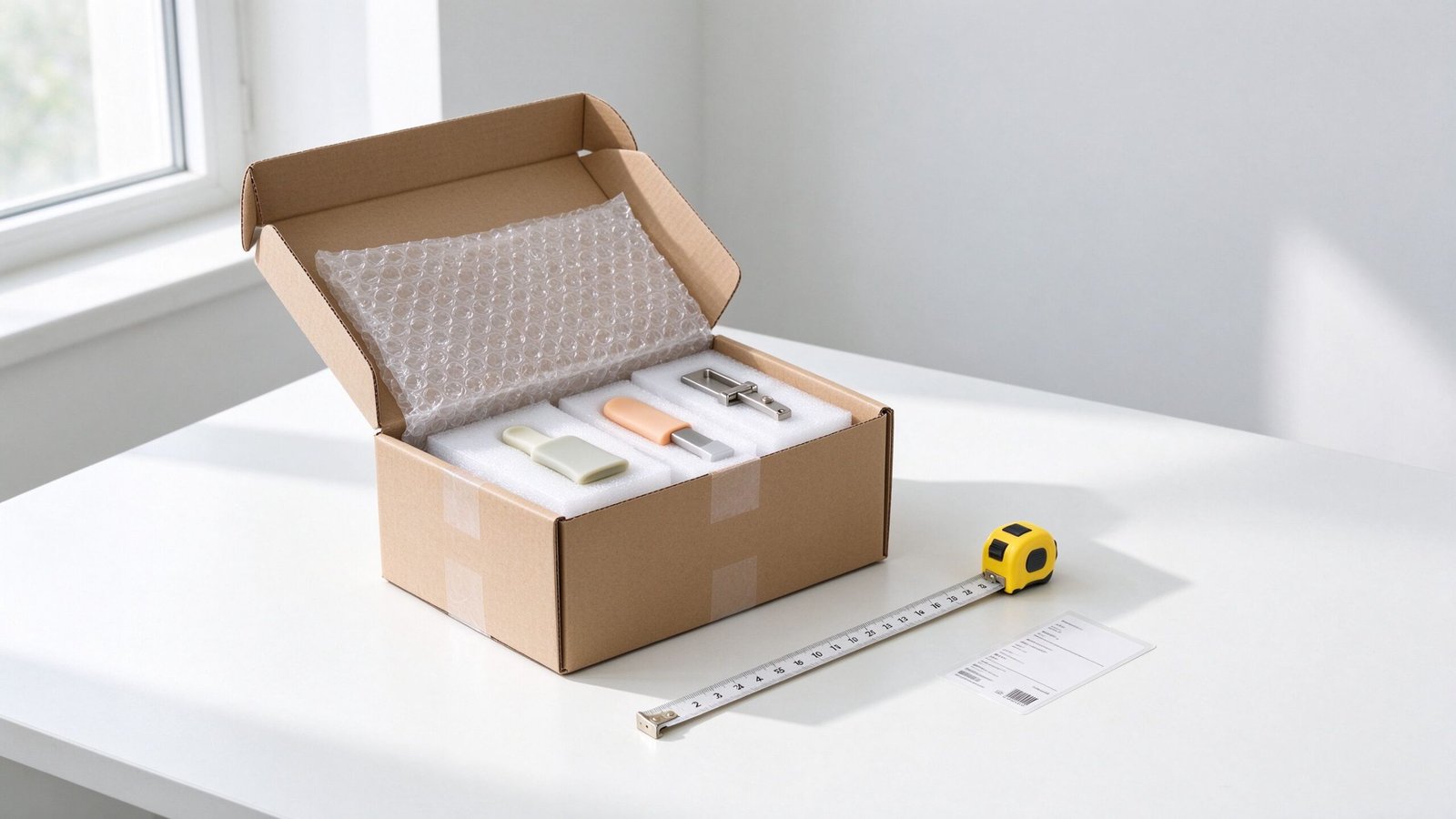 Opened courier parcel with product samples, measuring tape and bubble wrap